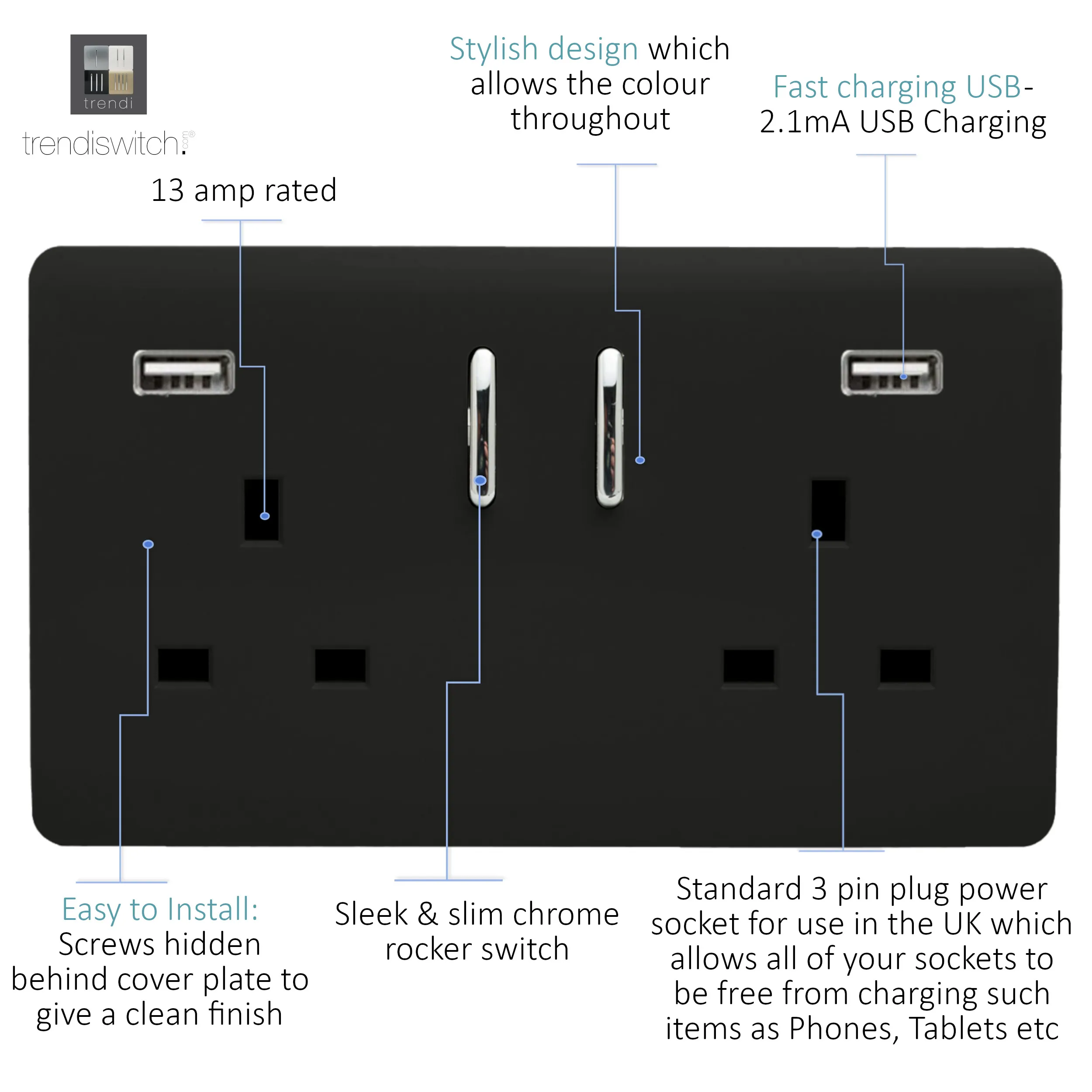 2 Gang 13Amp Short S/W Double Socket With 2x3.1Mah USB Piano Black ART-SKT213USB31AABK  Trendi Piano Black